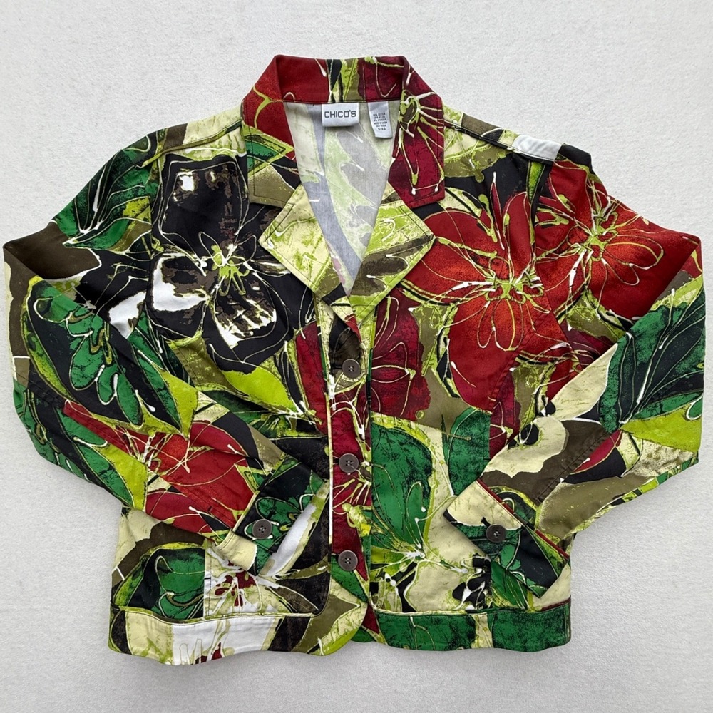 Chicos Women Size 2 M Medium Floral Button Front Long Sleeve Collared Jacket